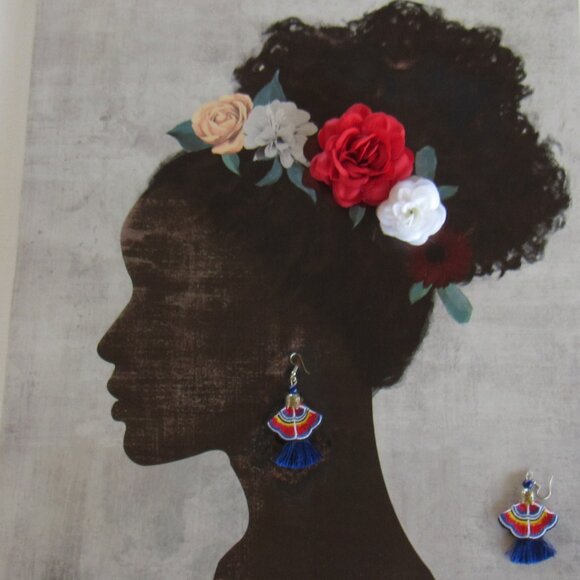 Peruvian Dangle Hoop & Mexican Floral Tassel Embroidered Dangle Earrings 3 Set - Picture 9 of 10